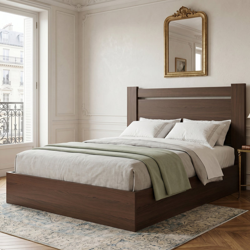 Lit plateforme moderne en bois avec tête de lit horizontale et rangement relevable, grand, taupe, Grand lit, Taupe