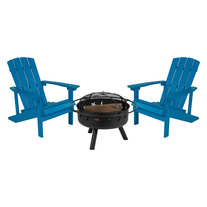 Star and Moon Fire Pit with Mesh Cover & 2 Poly Resin Adirondack Chairs, Blue