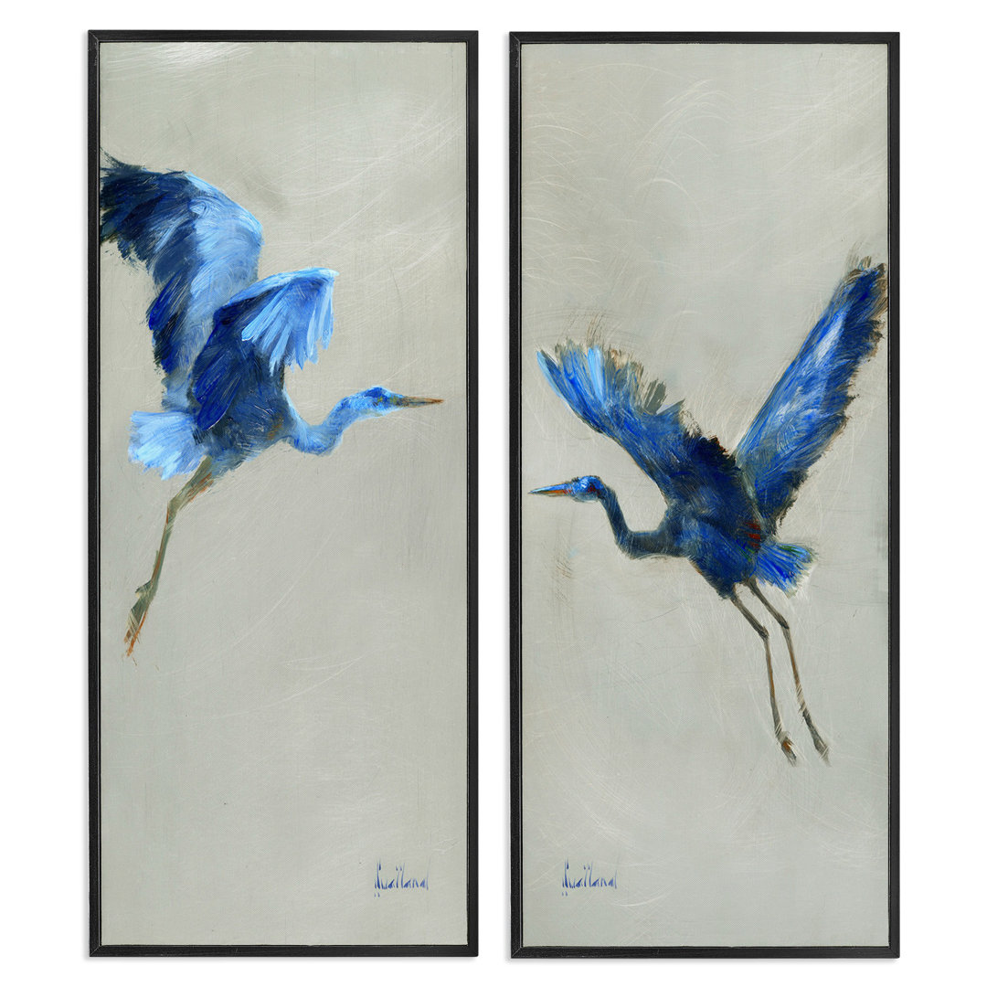 Flying Cranes Abstract Birds Expressive Blue Animal Flight 2 - Piece Graphic Art Set Stupell Industries Frame 