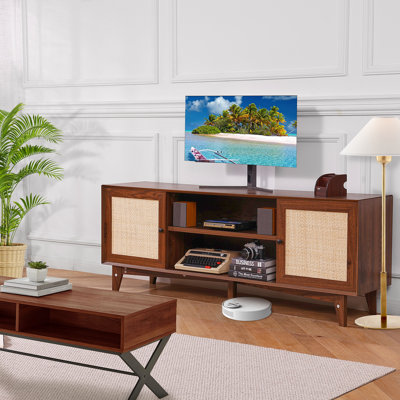 Meuble télé en rotin, meuble télé Mid-Century moderne pour téléviseur de 75 pouces, meuble télé Boho en rotin avec prise intégrée et ports USB, tablettes réglables pour le salon, la salle multimédia, le chêne