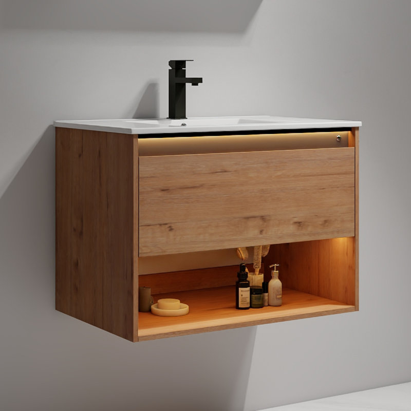 Meuble-lavabo flottant 30 po avec lavabo mural Khaleia, Blanc, Marron clair