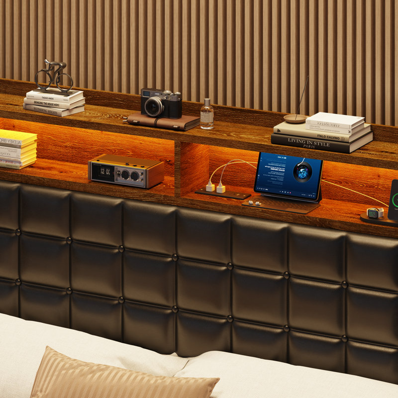 Modern Upholstered Queen Bed, LED Headboard with Charging Station, Quiet Support & Quick Assembly, Black, Queen