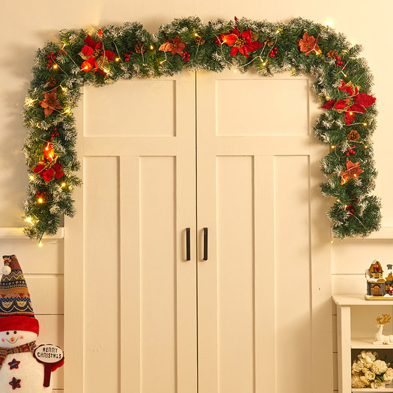 270cm Lighted Faux Garland with Lights, Dark Green/Red