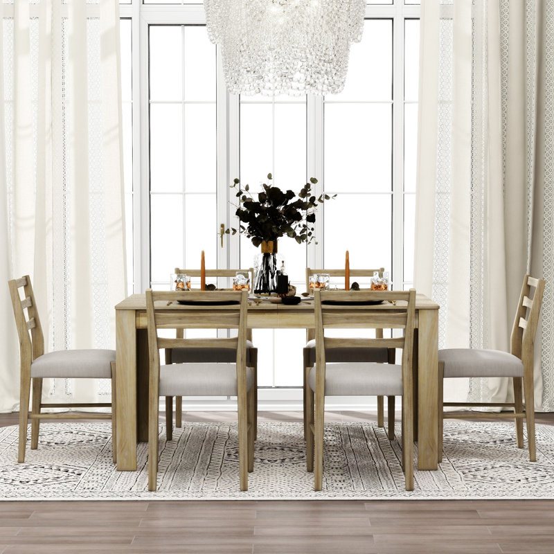 Ensemble de table de salle à manger 7 pièces en bois avec rallonge 12 "et 2 tiroirs avec rallonge, Gris / bois naturel délavé
