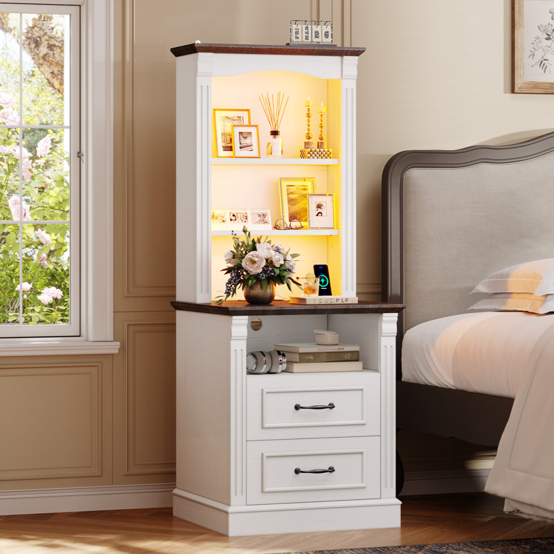 Farmhouse Tall Nightstand With Charger Station And Led Lights, Bedside Table With 2 Drawers And Adjustable Shelves For Bedroom Living Room, Antique White