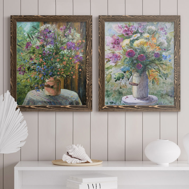 Farmhouse Bouquet - ensemble de 2 reproductions d'art, H 20 po x l 17 po x P 1 po, Toile avec cadre en noyer, Pas de tapis