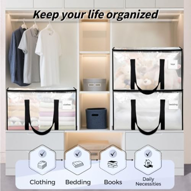 16 Pack Extra Large Heavy Duty Moving Bags, Clear Storage Bins With Lids, Reinforced Handles & Heavy-Duty Zippers Moving Boxes Storage Bags Totes For Clothes Packing, Dorms, College Supplies, Clear
