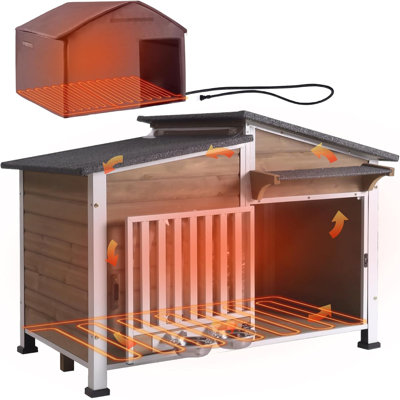 Heated Dog House Outdoor Dog Kennel with Safe Heated Pad, Chew-Proof Metal Frame and Rotating Food Bowl for Small to Medium Dogs, 39.7"x25.5"x32.2" (Light Brown)