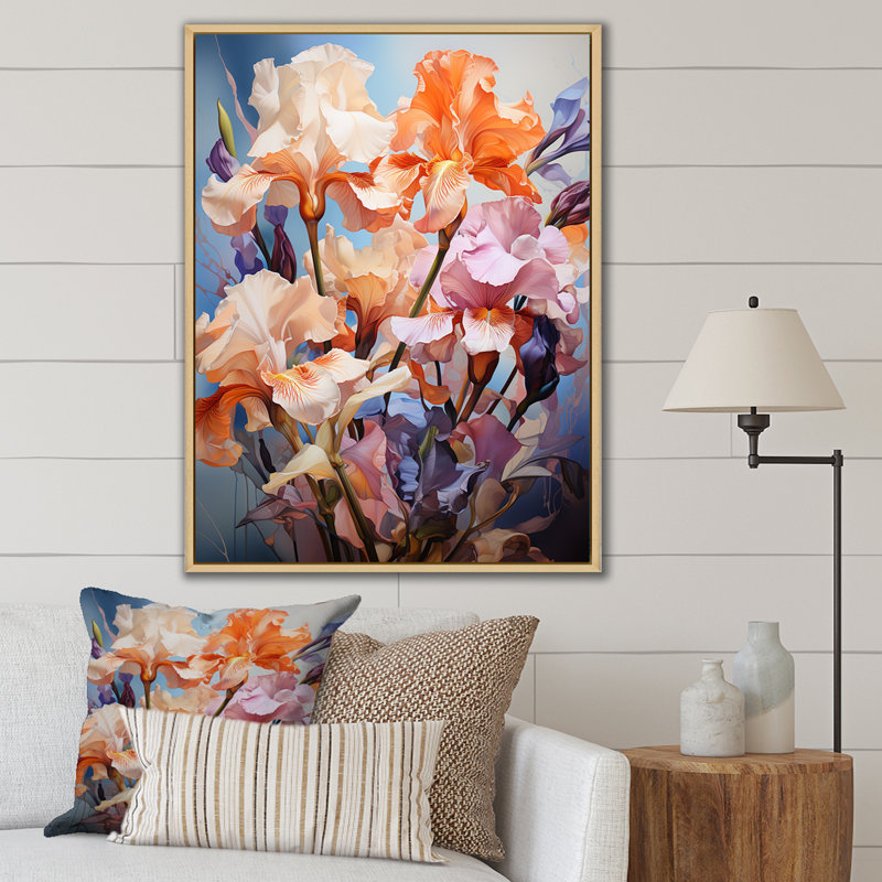 «Irises Bouquet Contemporary Tranquility», reproduction sur toile, Cadre flottant naturel, H 20 po x l 12 po x P 1 po