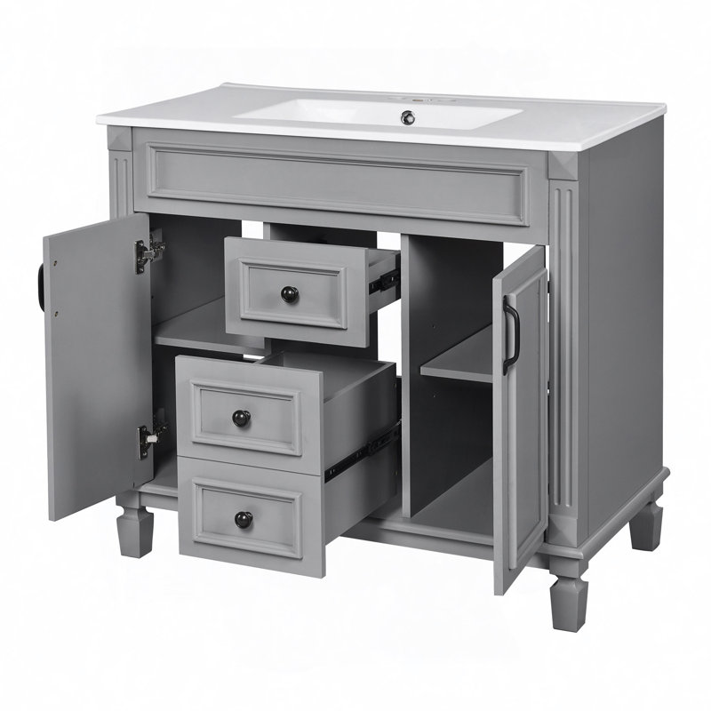 Meuble-lavabo de salle de bain avec lavabo supérieur, armoire à miroir, armoire de rangement moderne avec 2 portes à fermeture douce et 2 tiroirs, meuble-lavabo simple
