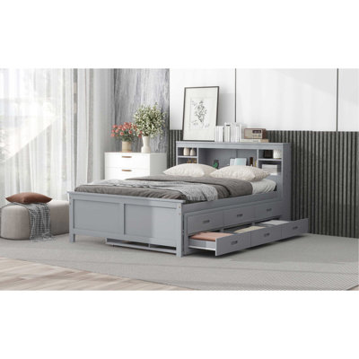 Lit double gris avec rangement pour tête de lit, lit gigogne simple, 3 tiroirs et plateforme avec cadre et tête de lit