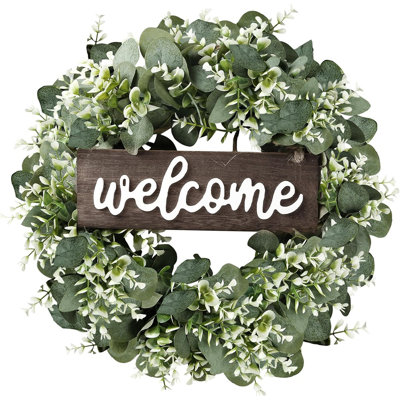 Eucalyptus Wreath – Green – Artificial Greenery Wreath With “Welcome” Sign, Round Leaf Design, For Front Door, Wall, Window, Porch, Patio, Or Garden Decor