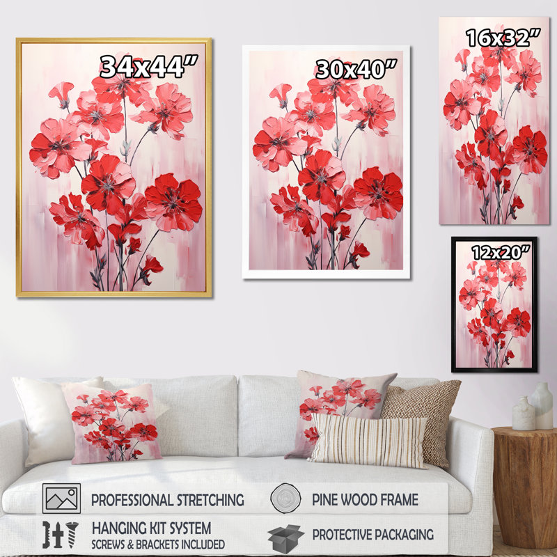 Minimalisme blanc et géraniums rouges sur toile, Cadre flottant doré, H 44 po x l 34 po x P 1,5 po