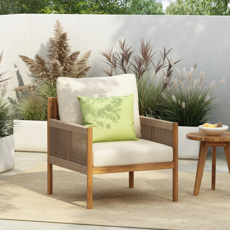 Méridienne d'extérieur Roomfitter, structure en bois massif avec côtés en corde tissée à la main et coussins crème pour le patio, teck