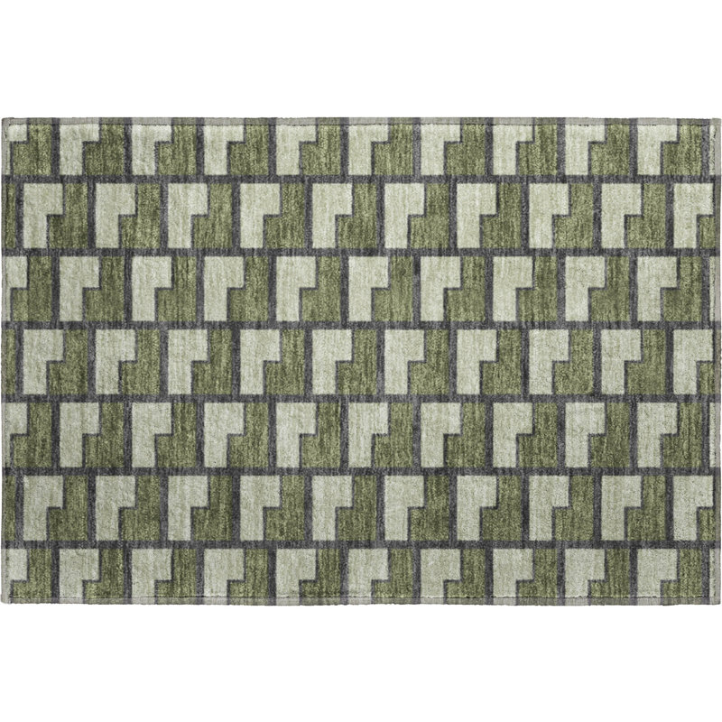 Premium Machine Washable Mayfield AMF2416 Geometric Rug, Olive, 2'6" x 3'10"