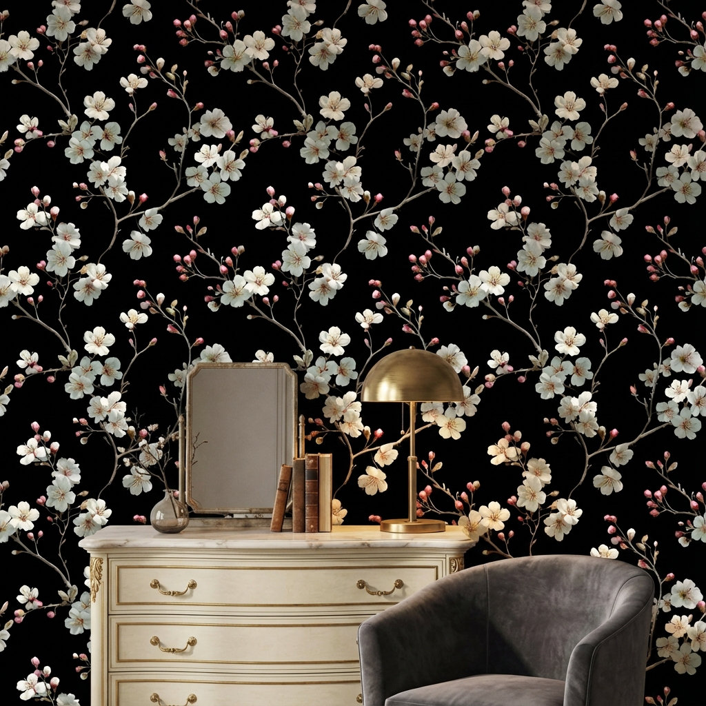 Lark Manor Floral Wallpaper Blossoms Removable Black Background Wall ...
