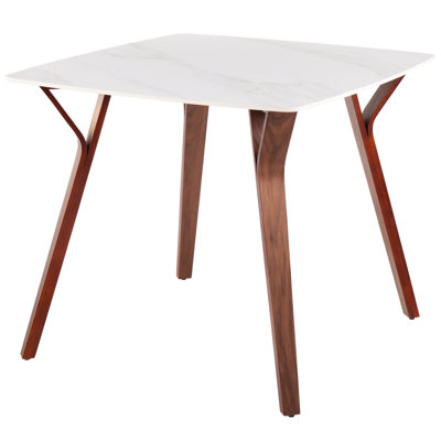 Dinette Table Of Walnut And White Textured Marble, Mid - Century Style, Fixed Dining Height, Bent Wood Legs, Four Person Seating, Indoor Use Only, 100 Lbs Capacity, Assembly Required, 38.08 In
