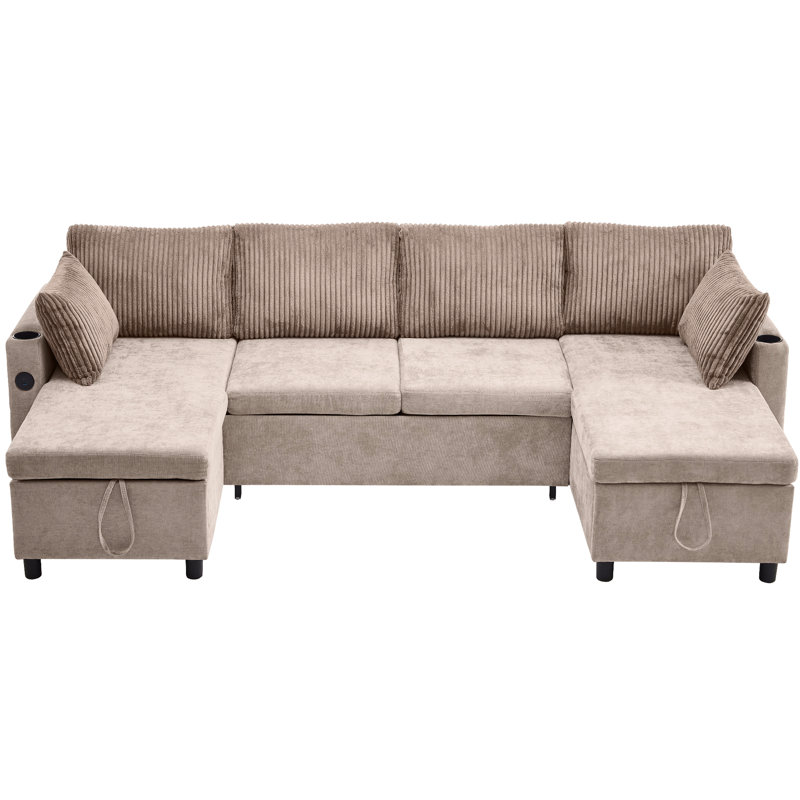 113.4" Sectional Sofa Pull-Out Sofa Bed Versatile Sofa Sleeper With Large Storage Space, Two Usb Ports And Two Cup Holders For Living Room