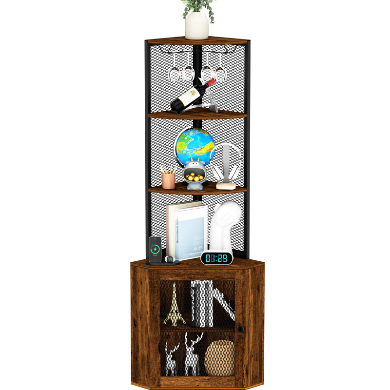 Étagère d'angle rustique de 65 po avec portes, étagères de rangement à 6 niveaux et cadre, pour le salon, support à verres à vin pour armoire de bureau, tablette stable, balcon autoportant, cuisine