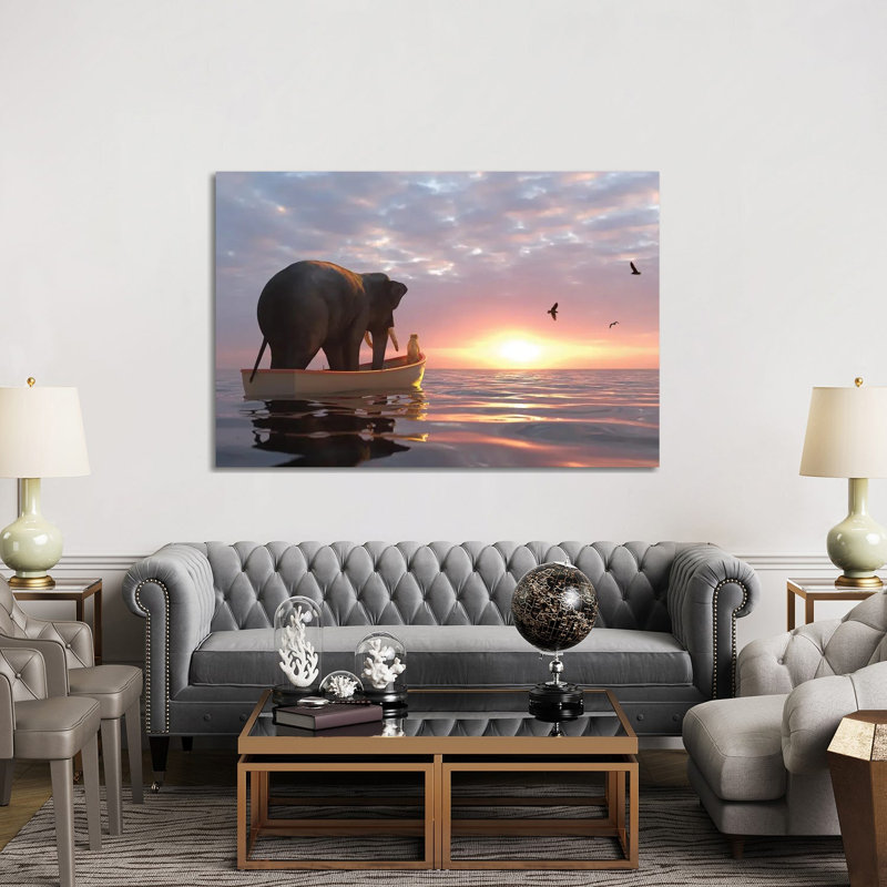 Elephant And Dog Sail In A Boat At Sea by Mike Kiev - Wrapped Canvas Print, 152.5 cm H x 101.5 cm W