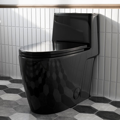 Toilette noire avec chasse d'eau sans rebord, toilettes modernes une pièce allongées et confortables pour salle de bain Los Flexi 17,3 po ADA, double chasse 1,0 / 1,28 GPF, siège à fermeture en douceur et siège brut de 12 po