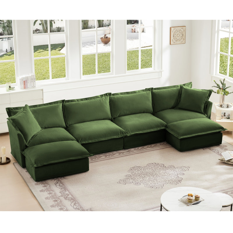 Canapé, repose-pieds en chenille, 4, Chenille verte, H 34,6 po x l 156,6 po x P 33 po