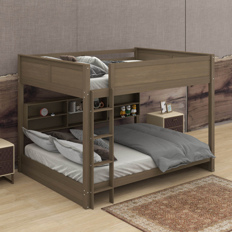 Queen Over Queen Bunk Bed With Cabinets And USB, Queen Over Queen, Walnut