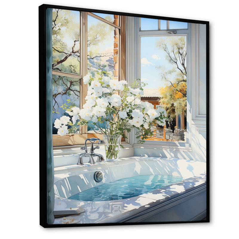 Bathroom Tranquil Reflections VI - Art mural encadré pour salle de bain, H 44 po x l 34 po x P 1,5 po, Cadre flottant noir