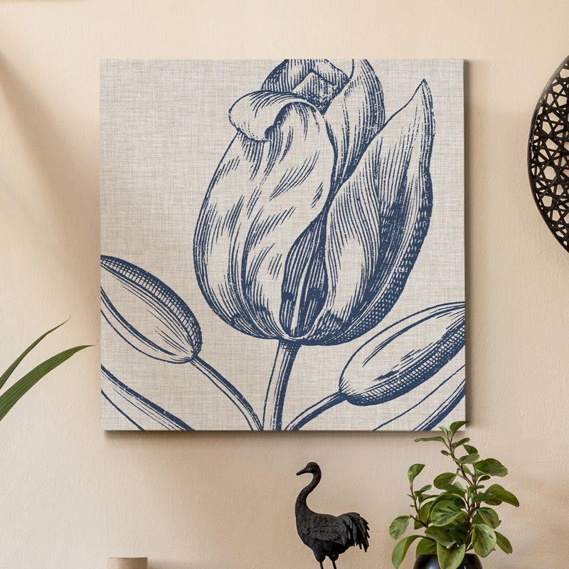 «Indigo Floral on Linen IV», reproduction d'art sur toile tendue, H 24 po x l 24 po x P 1 po