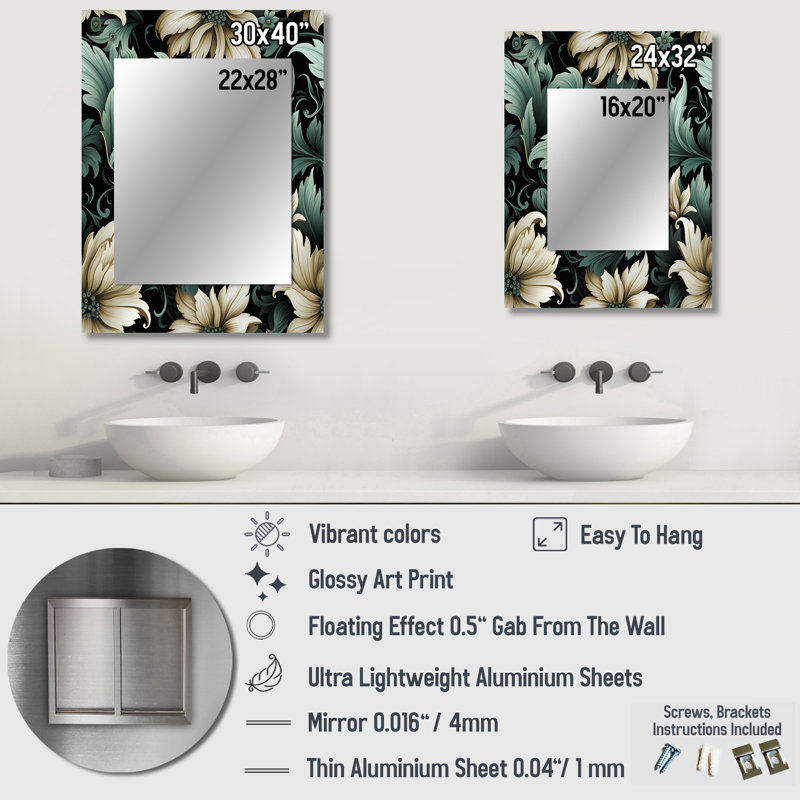 Alyah vert et beige, beauté florale, motif floral - grand miroir floral, décoration murale unique à motif floral, impression sur métal