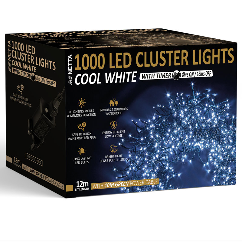 NETTA Cluster Fairy Christmas Lights - 1000 LED / 12M Lit-Length, Cool White