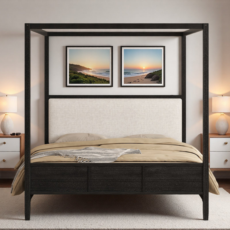 Lit plateforme à baldaquin en bois avec tête de lit tapissier, Black, Grand lit