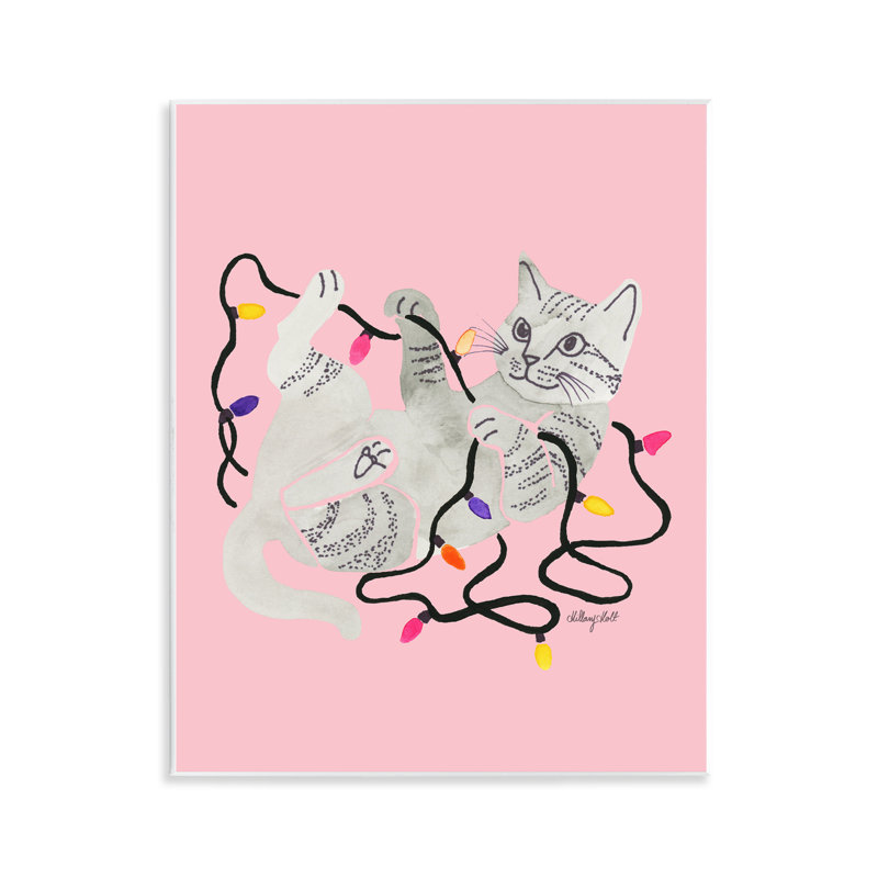 Chat avec lumières de Noël, plaque murale rose, design par Hillary Holt