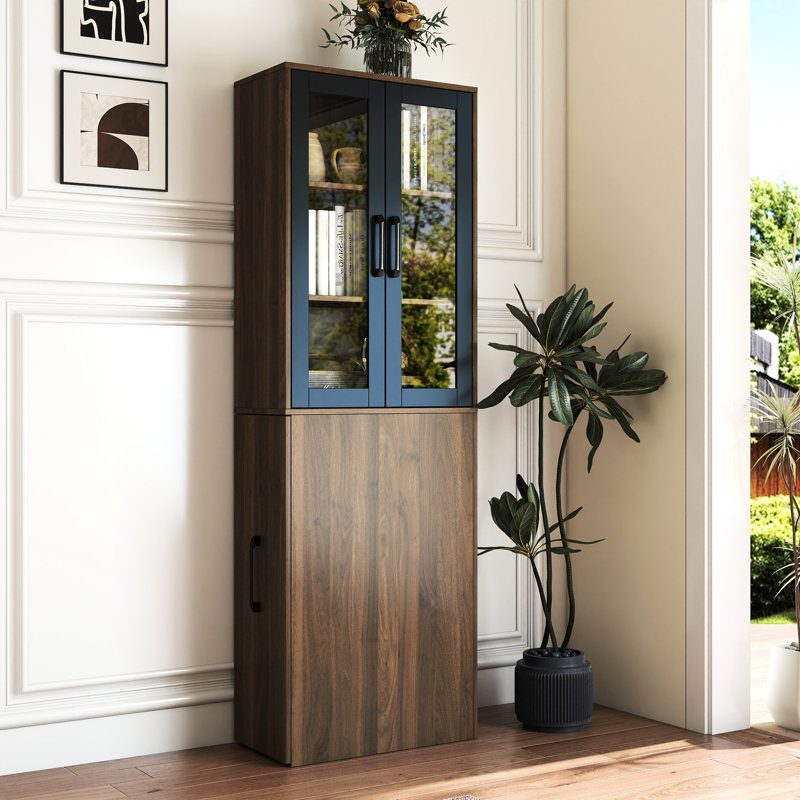 2 Glass Doors, 70.1" H, 4 Tier, Multi-Functional Pull-Out, Display Cabinet, Office, Living Room, Kitchen Storage H Cabinet With Tier Shelf And Doors For Office Dinning Room