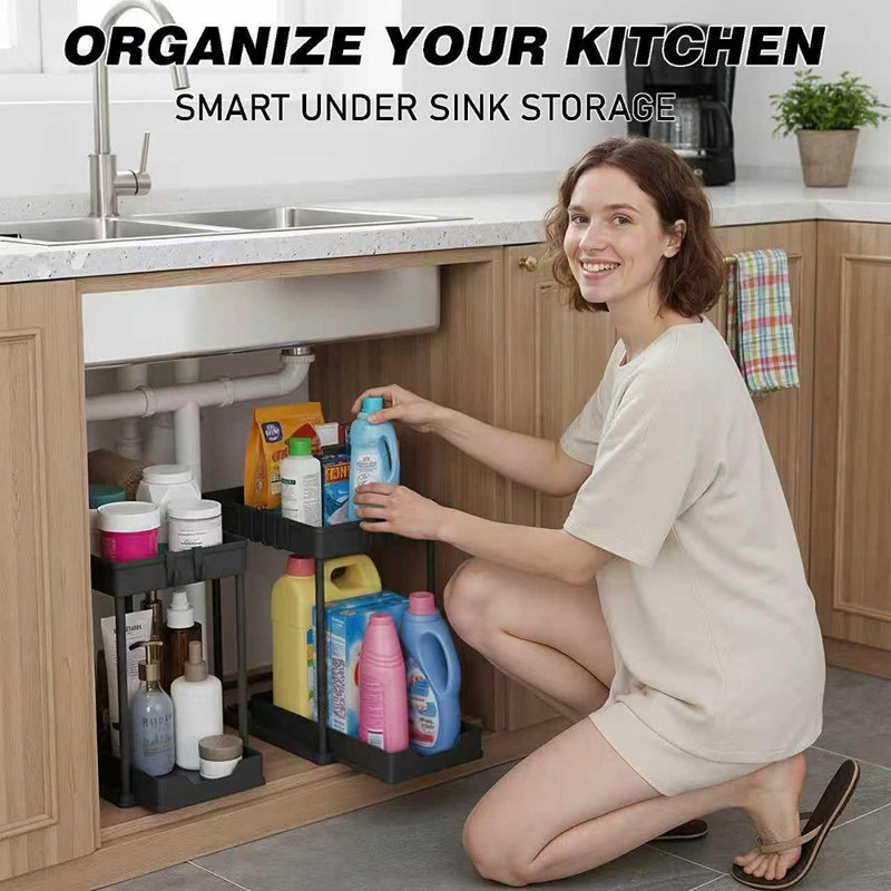 Ensemble de 2 sous-éviers sous le lavabo - rangement coulissant noir pour rangement de cuisine et de salle de bain