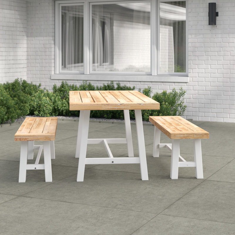2 - Person Acacia Patio Dining Set with Rectangular Table, White / Brown