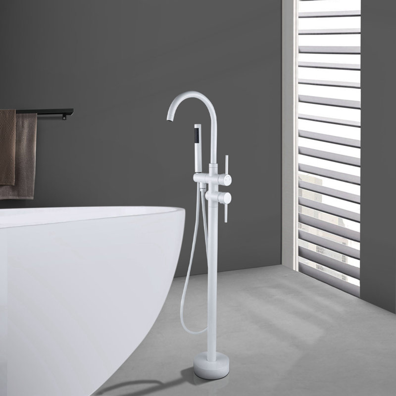 Robinet de baignoire autoportante 45 "à 2 poignées avec douchette en titane 45 5/8 po, Blanc / Blanc