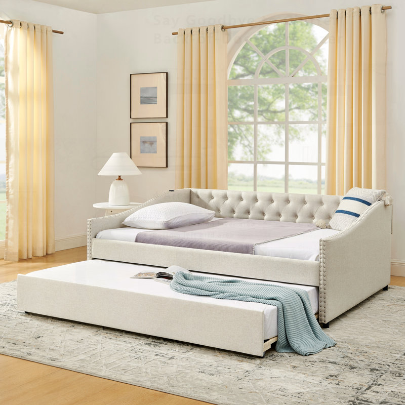 Daybed With USB Charging, Twin Size Pull-Out Extendable Bed, Button Back, And Copper Nail Waved Shape Arms For Modern Comfort