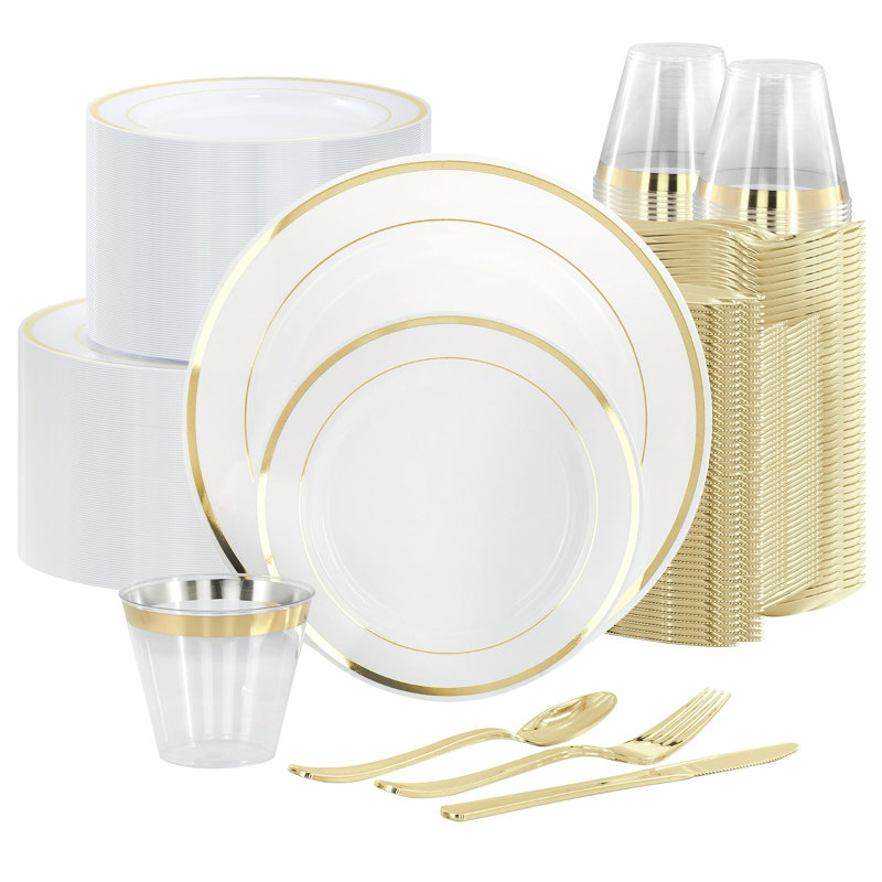 Service de table en plastique jetable 600 pièces pour 100 personnes - blanc avec garniture, assiettes, tasses et couverts dorés