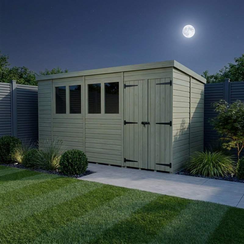 Total Sheds 14ft x 8ft Pent Garden Shed - Double Door - With Windows - Pressure Treated Timber - UK Manufactured