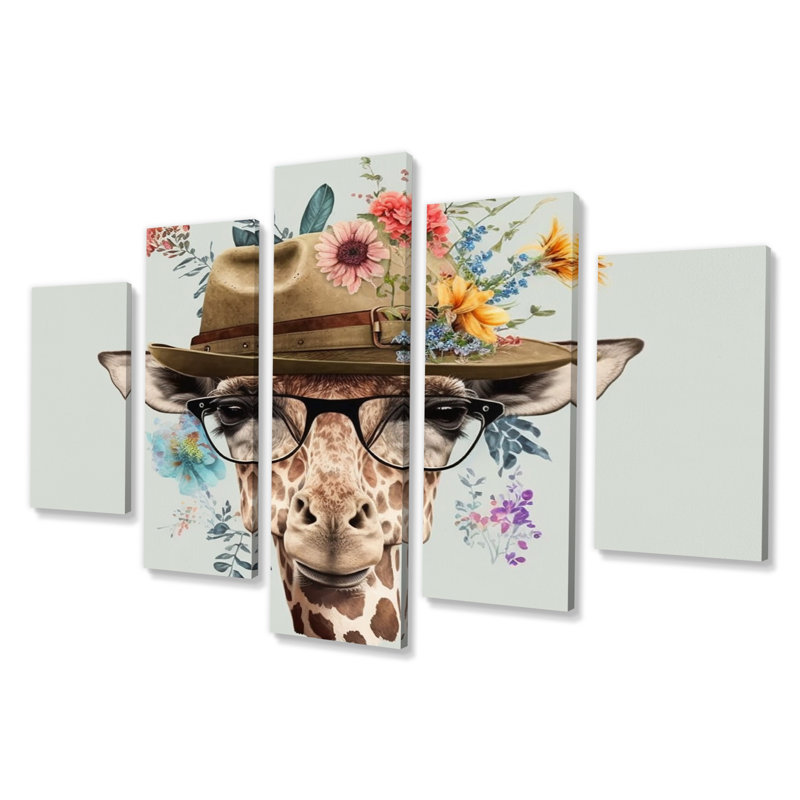 Portrait de girafe avec des lunettes et un chapeau I - animaux, impression sur toile girafe - 5 panneaux