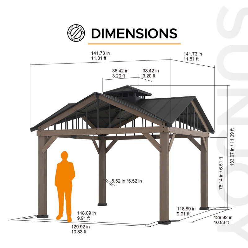 SUNJOY Roanforth 12 x 12 ft. Hardtop Gazebo 2-Tier Wooden Cedar Frame Outdoor Gazebo With Ceiling Hook for Patio, Backyard, and Garden, Brown