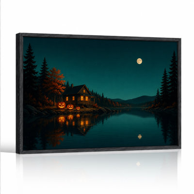 Toile rougeoyante avec citrouilles au bord du lac sous Halloween