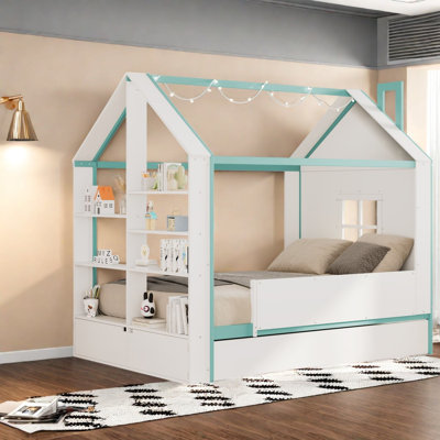 Lit cabane double avec lit gigogne de rangement, bois MDF, blanc et bleu modernes