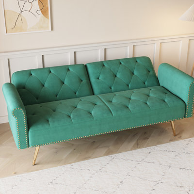 Velvet, 69.7 - Inch Long, 2 Seat Bed, Modern Bedroom Furniture Item, Nail Head Trim, Gold Metal Legs, Sponge Back And Seat, Assembly Without Complexity Long Piece, Solid Wood Frame, Legs
