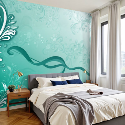 Peel and Stick Wallpaper 96" W x 69" H Modern Self Adhesive Wall Mural for Bedroom Floral Swirl Design Soft Teal White Elements