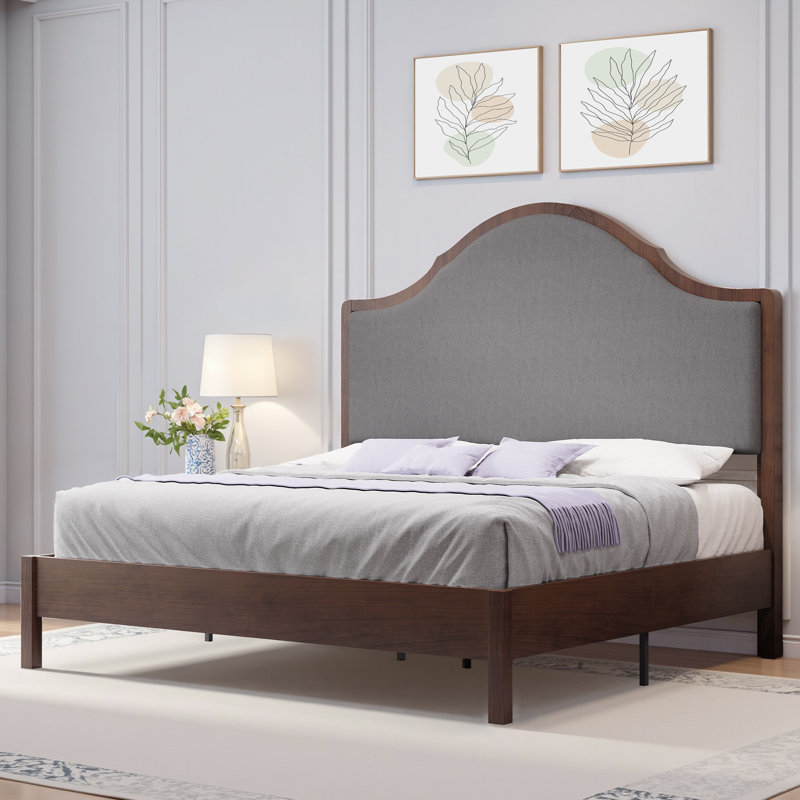 Solid Wood Bed Frame with Upholstered Headboard, Modern Design, No Box Spring Needed, Brown, Queen