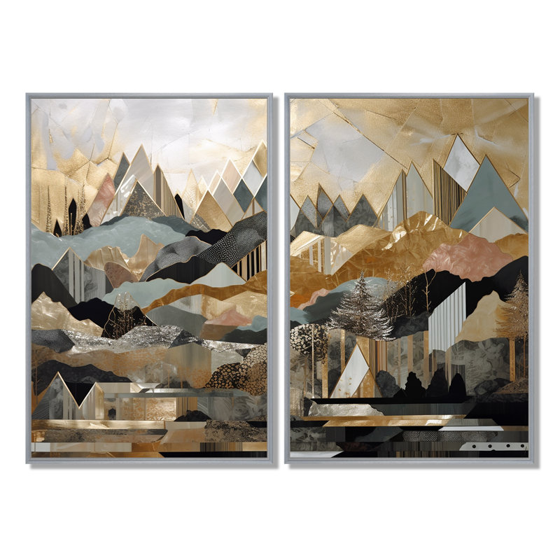 Horizons géométriques gris et dorés I - Toile moderne verte, 2 panneaux, 36'' H x 48'' W, Impression encadrée flottante