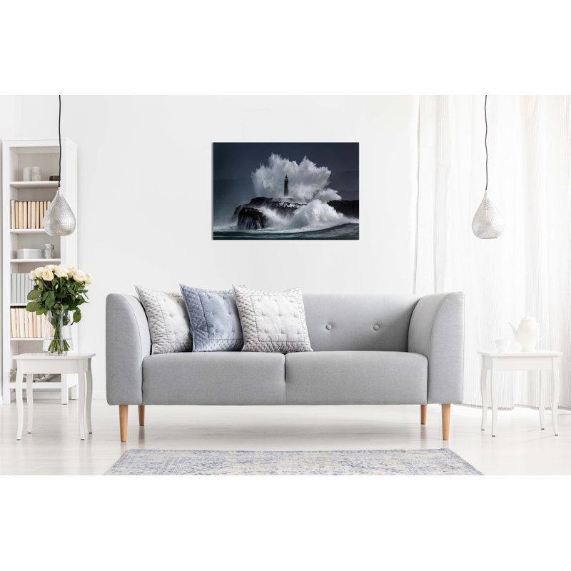 Old Lighthouse And Sea Wave Splash At Night - Wrapped Canvas Print, 41cm H x 61cm W x 1.8cm D