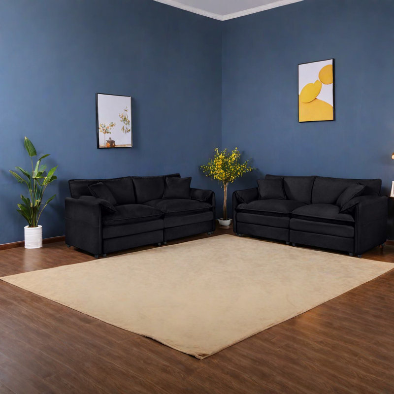 Ensemble de canapés modernes en chenille spacieux, causeuse noire avec coussins pour le salon